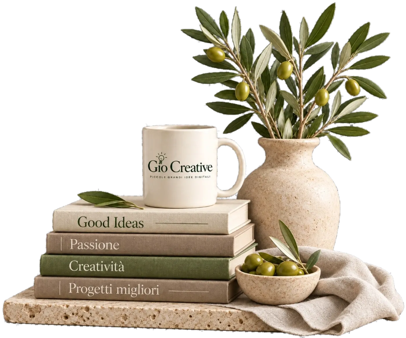 Scena d'atelier Gio Creative con tazza in ceramica, libri di valore e ramo d'olivo